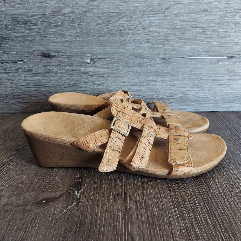 Vionic Cork Slip On Radia Wedge Sandals Adjustable Straps Orthotic Comfort Sz 8